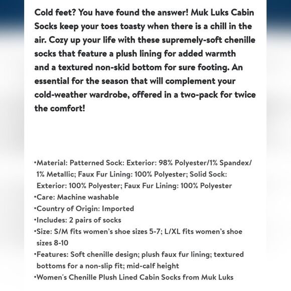 Muk Luks Women's Fuzzy Chenille Plush Lined Cabin Socks, 2-Pack, Size L/XL - Picture 8 of 8